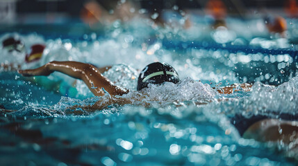 Young athletes and kids swim in open water swimming pool at triathlon competition summer sports camp. Top view training for olympics paris and olympics london.
