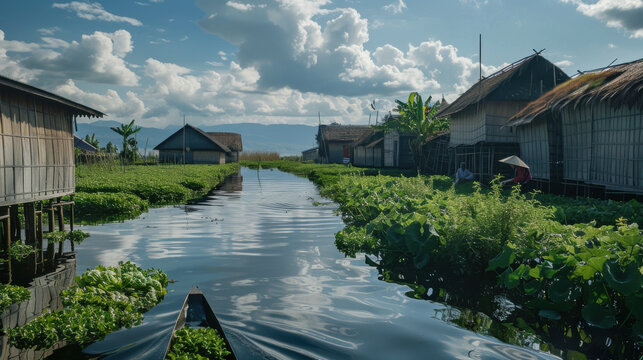 A tranquil scene of the floating gardens of Inle Lake, with local farmers tending to their crops on the water --ar 16:9 Job ID: f13e9d40-0880-4e56-857b-2ea785c05779