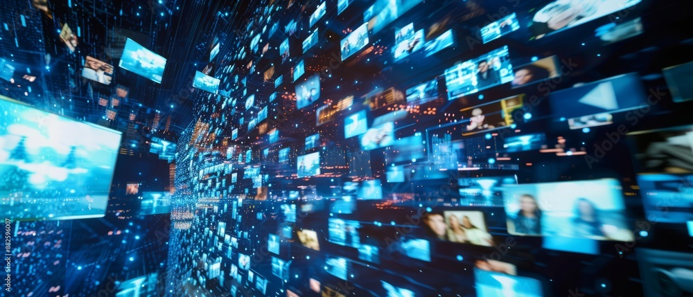 Poster a dynamic visual of multiple blue holographic images floating in the air, representing different vid