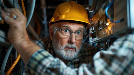 A man in a yellow helmet is working on a piece of equipment