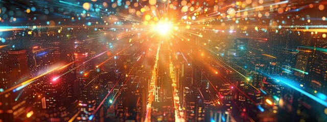 Obraz premium Vibrant City Skyline at Sunset with Dynamic Light Trails and Bokeh Effects