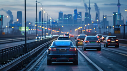 A car is driving down a highway with a city skyline in the background