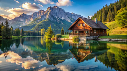 Fototapeta premium Serene old wooden alpine house stands alone beside a tranquil lake, surrounded by lush greenery and majestic mountains in a picturesque rural setting.