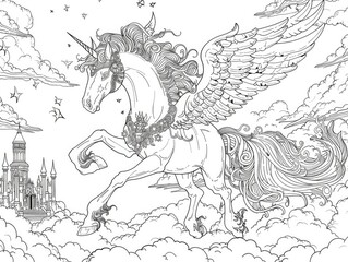 "Coloring Page of a Fantasy Dream World in the Clouds"