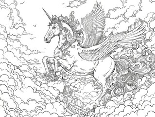 "Coloring Page of a Fantasy Dream World in the Clouds"