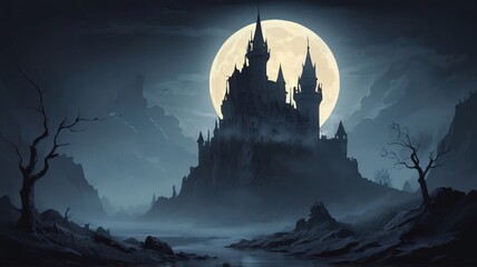 spooky castle with moon and foggy scene