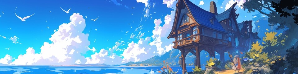 Fototapeta premium Abstract Healing Anime Wallpaper Featuring a Summer Blue Fantasy Seaside Cottage. Anime Style with Blue Background and White Clouds, Symbolizing Purity and Elegance. AI-Generated High-Quality Visual P