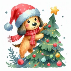 A cute dog in a Santa hat decorating a Christmas tree with ornaments.