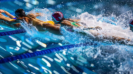 Summer sports camp with sportive kids and people swimming in marked lanes at swimming olympics training for paralympics 2024 and olympics london.
