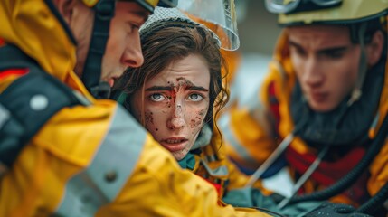A woman is being helped by two men in yellow jackets
