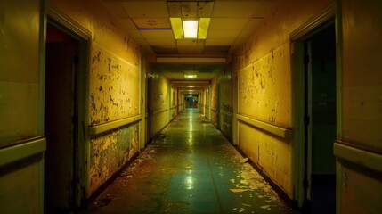 Abandoned Hospital Corridor with Flickering Lights, Peeling Paint, and Dark Shadows