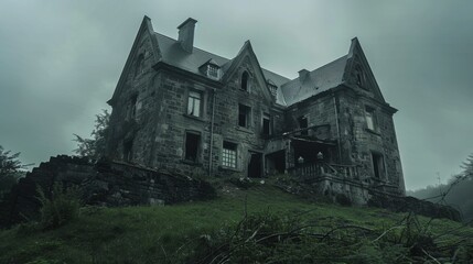 Fototapeta premium Eerie Abandoned Mansion on Haunted Hill with Broken Windows and Overcast Sky