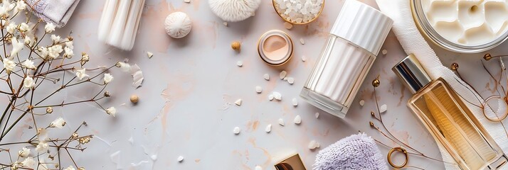Abstract Background with White Flowers, Makeup Products and Spa Items on Grey Background