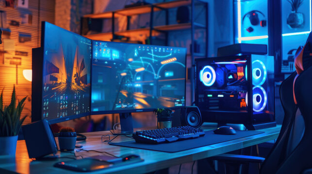 An immersive gaming station with a triple monitor setup, a powerful gaming PC, and vibrant LED lighting enhancing the gaming experience.