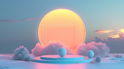 3D Circular platform grey pedestal near the ball is decorative with a circle geometric shape and orange cloud sunset backdrop