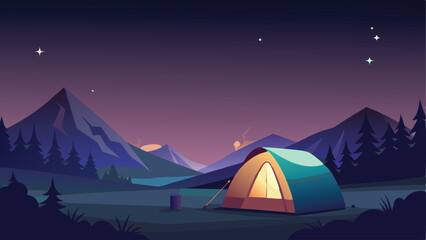 a tent with a burning light inside stands in a clearing under a starry sky. Beautiful starry night sky and the Milky Way. Concept for outdoor tourism in mountain. © Ranadhie