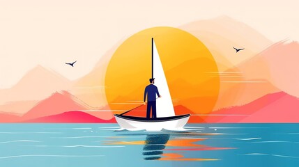 Fototapeta premium Silhouette of a man on a sailboat at sunset, with mountains and a bright sun in the background.