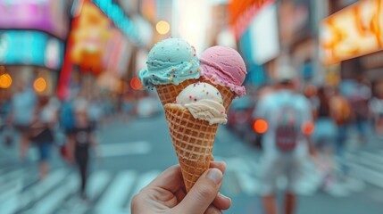 A person holding three ice cream cones in a city street