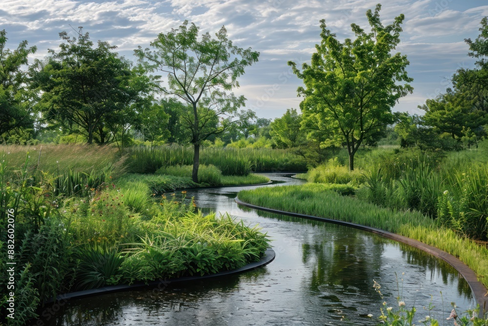 Poster a river runs through a lush green field with trees on either side