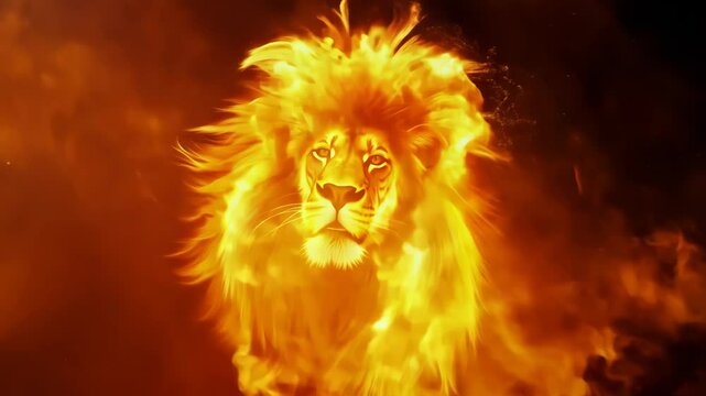 Lion's mane ignites into living flames. Close-up reveals majestic face amid dancing embers, creating ethereal interplay of light and shadow. 