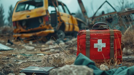 A red medical bag with a white cross sits on the ground next to a pile of rubble