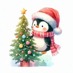 A cute penguin wearing a Santa hat and scarf stands next to a Christmas tree decorated with colorful ornaments.