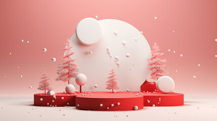 3D scene red podium with snow and christmas theme in red background
