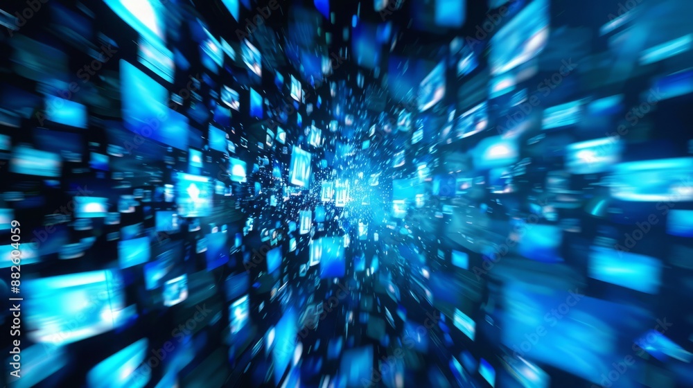 Poster a dynamic visual of multiple blue holographic images floating in the air, representing different vid