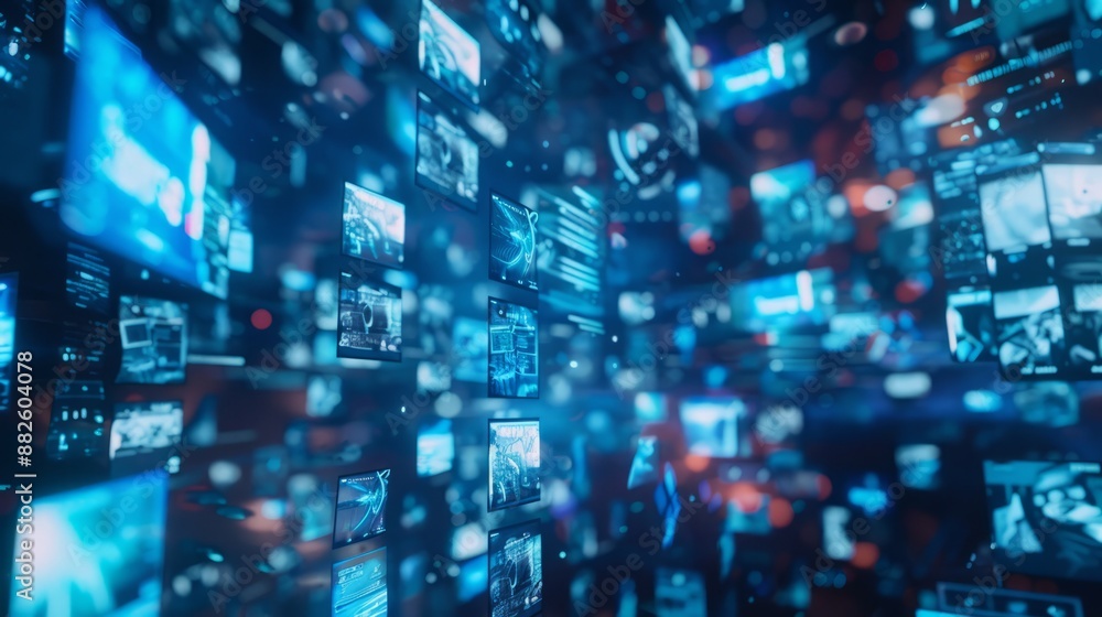 Poster a dynamic visual of multiple blue holographic images floating in the air, representing different vid