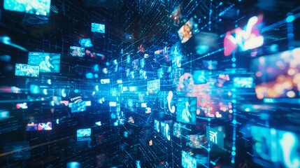 Obraz premium A dynamic visual of multiple blue holographic images floating in the air, representing different video content on social media platforms