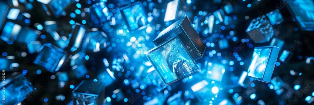 Poster a dynamic visual of multiple blue holographic images floating in the air, representing different vid