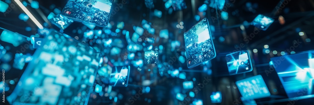 Poster a dynamic visual of multiple blue holographic images floating in the air, representing different vid
