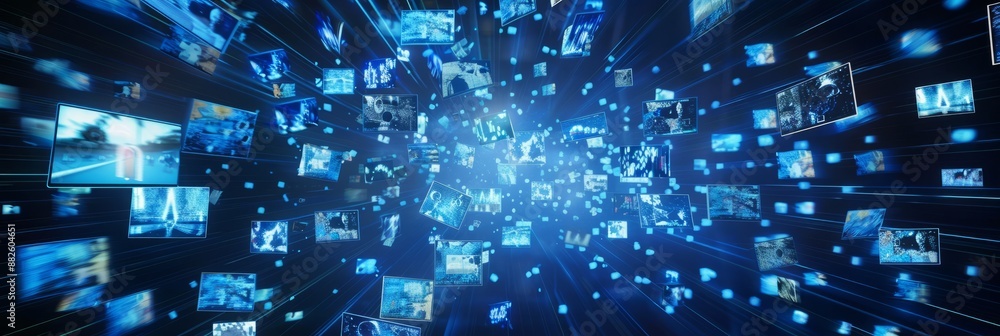 Poster a dynamic visual of multiple blue holographic images floating in the air, representing different vid