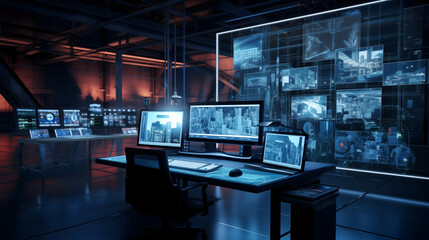 A modern office setup with a computer monitor on a desk in a well-designed room