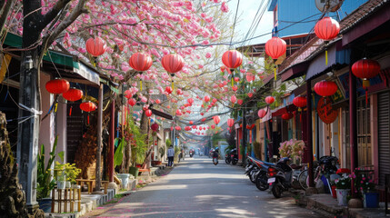 Obraz premium The charming streets of Ban Rak Thai, lined with traditional red lanterns and blooming cherry blossom trees