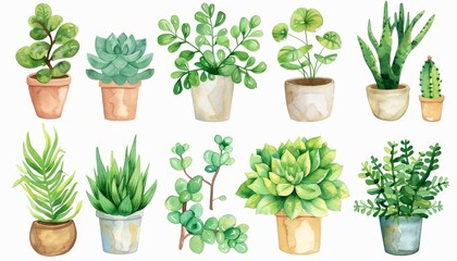 Lush Greenery: Watercolor illustrations of Indoor Plants - Succulents, Ferns, Blooms, Home Garden Decor, Leafy Foliage, Botanical Art, Nature Inspired Design