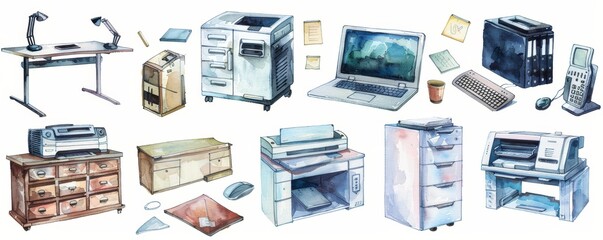 Modern Office Technology Watercolor Illustrations in Professional Settings