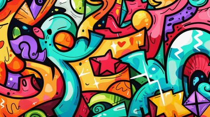 Vibrant Graffiti Textures in Flat Design - Abstract Front View Wall Art with Triadic Color Scheme Cartoon Drawing Background