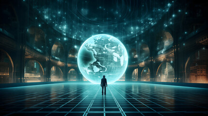 Imagine an image showing a digital globe surrounded by symbols of technology and connectivity, illustrating the concept of a connected world without borders