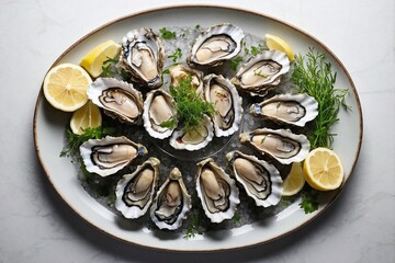 an overhead view of a plate with freshly shucked oysters on the half shell, arranged in a circular pattern with a garnish of lemon wedges and a sprinkle of fresh herbs