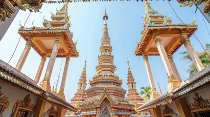 The majestic chedis of Wat Ban Den, each uniquely designed and beautifully adorned, standing tall under the clear sky