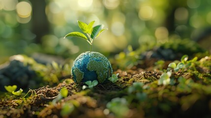 Close-Up of a Small Green Planet with Leaves Sprouting from It, Nestled in Lush Forest Ground. The Blurred Background Highlights the Subject and Symbolizes Environmental Awareness.