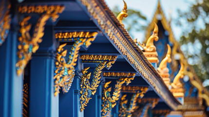 Obraz premium The intricate blue and gold details of Wat Ban Denâ€™s main hall, showcasing traditional Lanna architecture