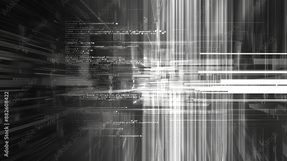 Poster code glitch effect screen in grayscale, front view, flat