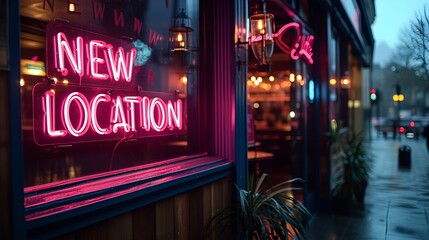 Neon Sign that reads “NEW LOCATION “ - storefront - retail store - restaurant - street view - grand opening - business development - graphic resource 