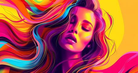Vivid portrait of a woman with flowing multicolored hair