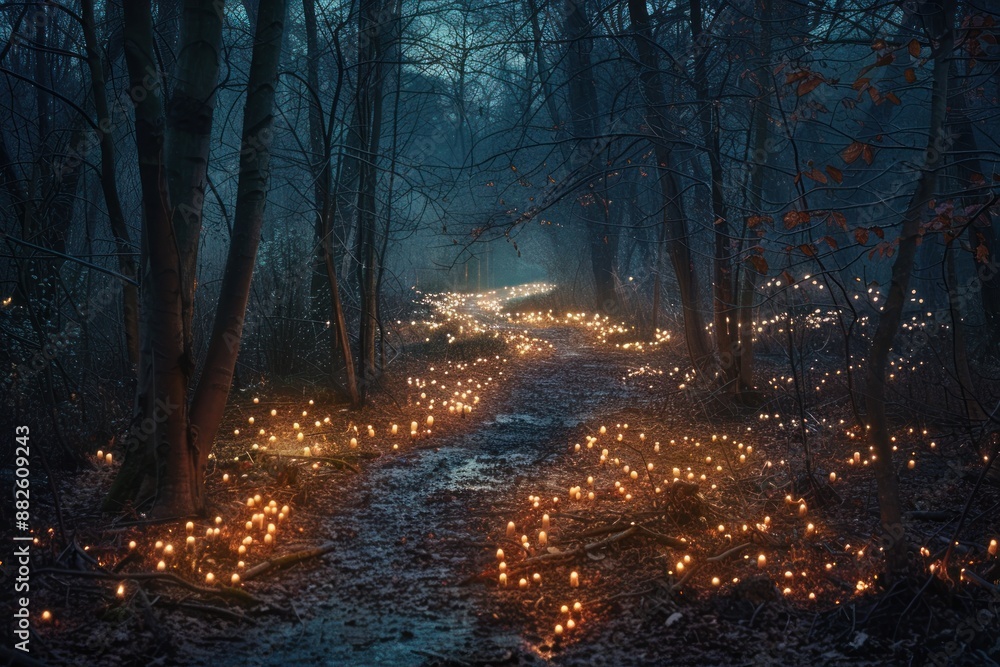 Poster a path in a forest is lit up with candles
