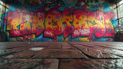 Naklejka premium Vibrant and colorful graffiti wall art piece is covering a brick wall in an urban setting, showcasing the creativity and rebellious spirit of street art