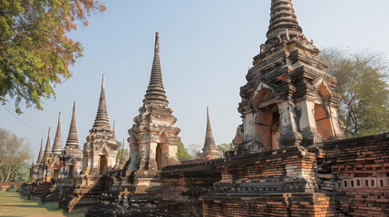 Fototapeta premium The majestic chedis of Wat Ban Den, each uniquely designed and beautifully adorned, standing tall under the clear sky