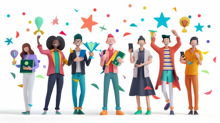 3D Flat Icon People with Awards and Smartphones: Business Professionals Celebrating Success in Modern Communication against Whimsical Background   Isolated White Background